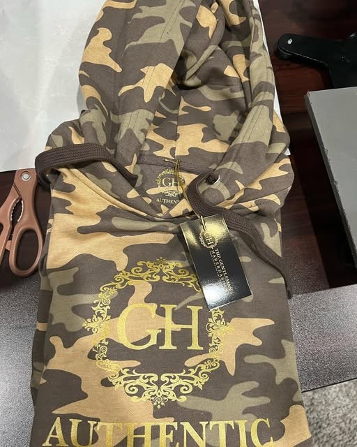 Camo pullover hoodie with the gold GH Authentic crest